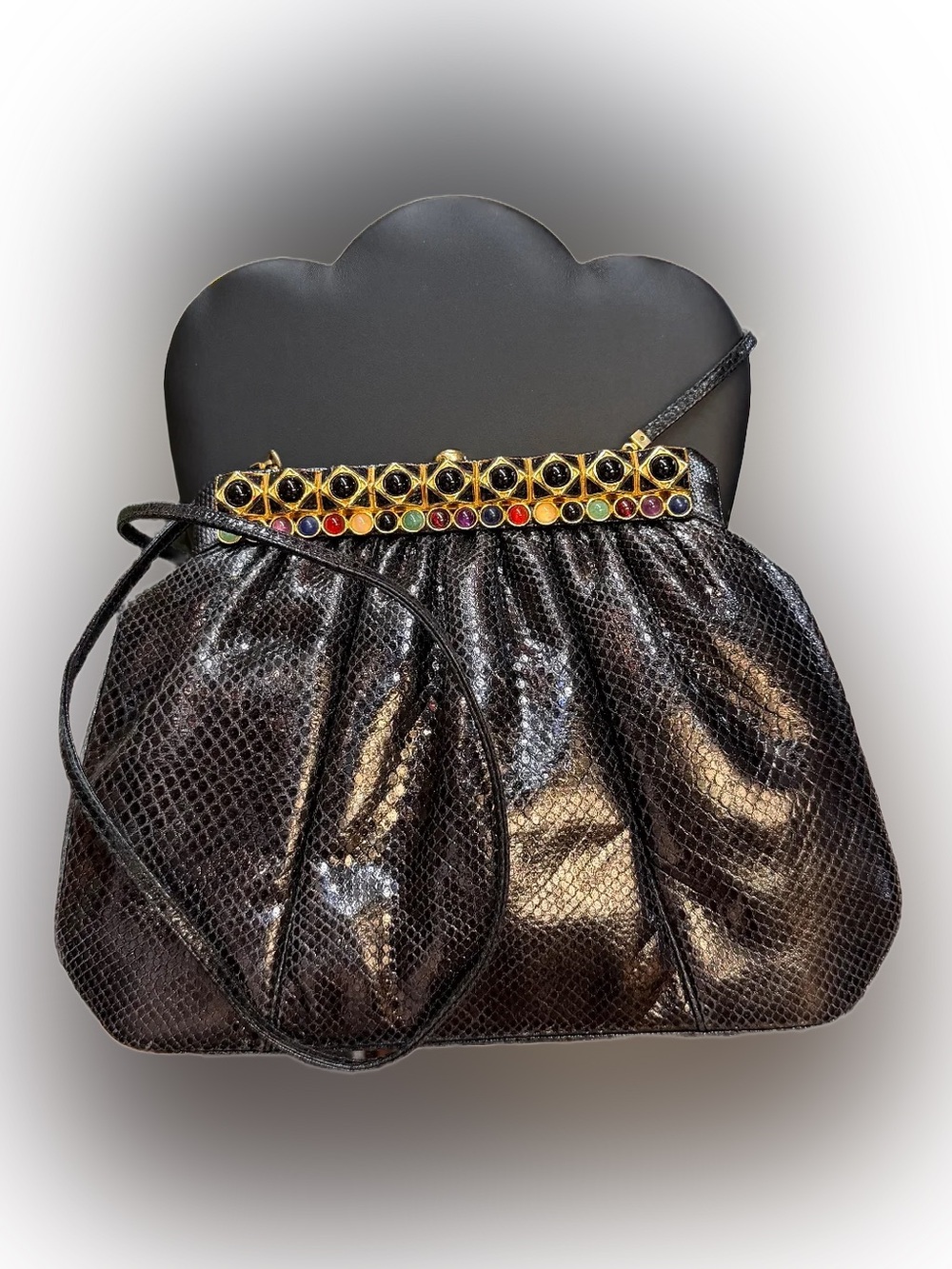 Judith Leiber Black Jeweled Evening Clutch with Multicolor Gem Trim